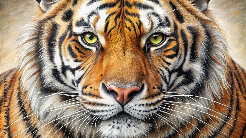 Delicately rendered realistic pencil sketch of a majestic tiger's face, showcasing intricate whiskers, piercing eyes, and subtle textures, conveying raw power and gentle elegance. Delicately rendered realistic pencil sketch of a majestic tiger's face, showcasing intricate whiskers, piercing eyes, and subtle textures, conveying raw power and gentle elegance.