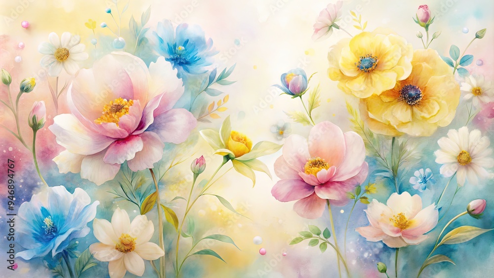 Delicate petals of pink, yellow, and blue flowers blend softly with gentle watercolor strokes, evoking a dreamy, ethereal quality against a creamy white background. Delicate petals of pink, yellow, and blue flowers blend softly with gentle watercolor strokes, evoking a dreamy, ethereal quality against a creamy white background.