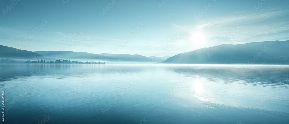 Fototapeta premium Serene Mountain Lake with Fog and Sunlight Reflecting on the Water