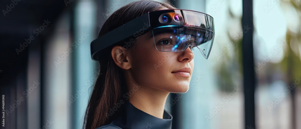 Woman Wearing Futuristic Augmented Reality Glasses Woman Wearing Futuristic Augmented Reality Glasses