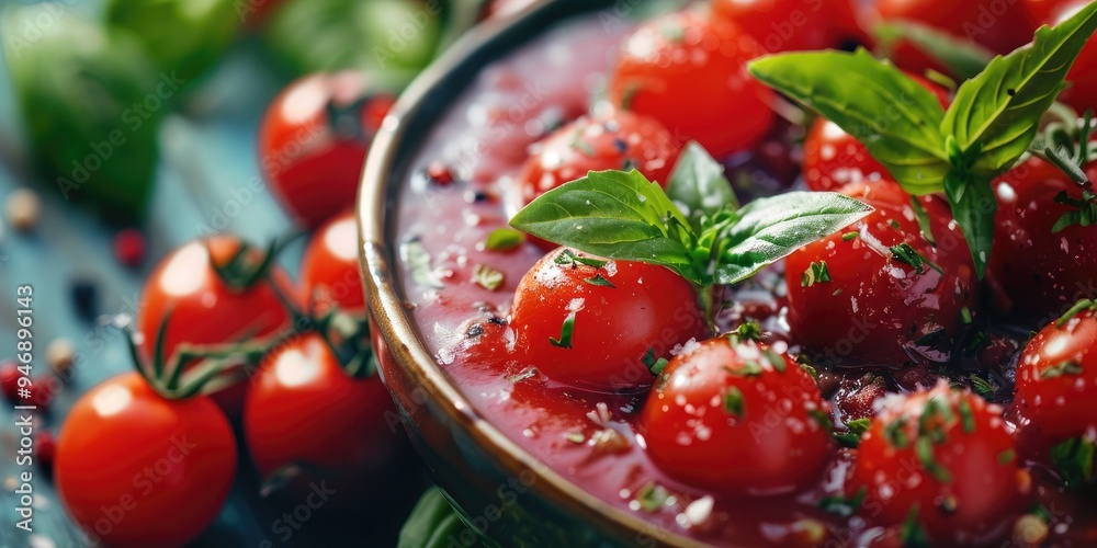 Selective focus on cherry tomatoes herbs and spices in a bowl of tomato ketchup sauce Selective focus on cherry tomatoes herbs and spices in a bowl of tomato ketchup sauce