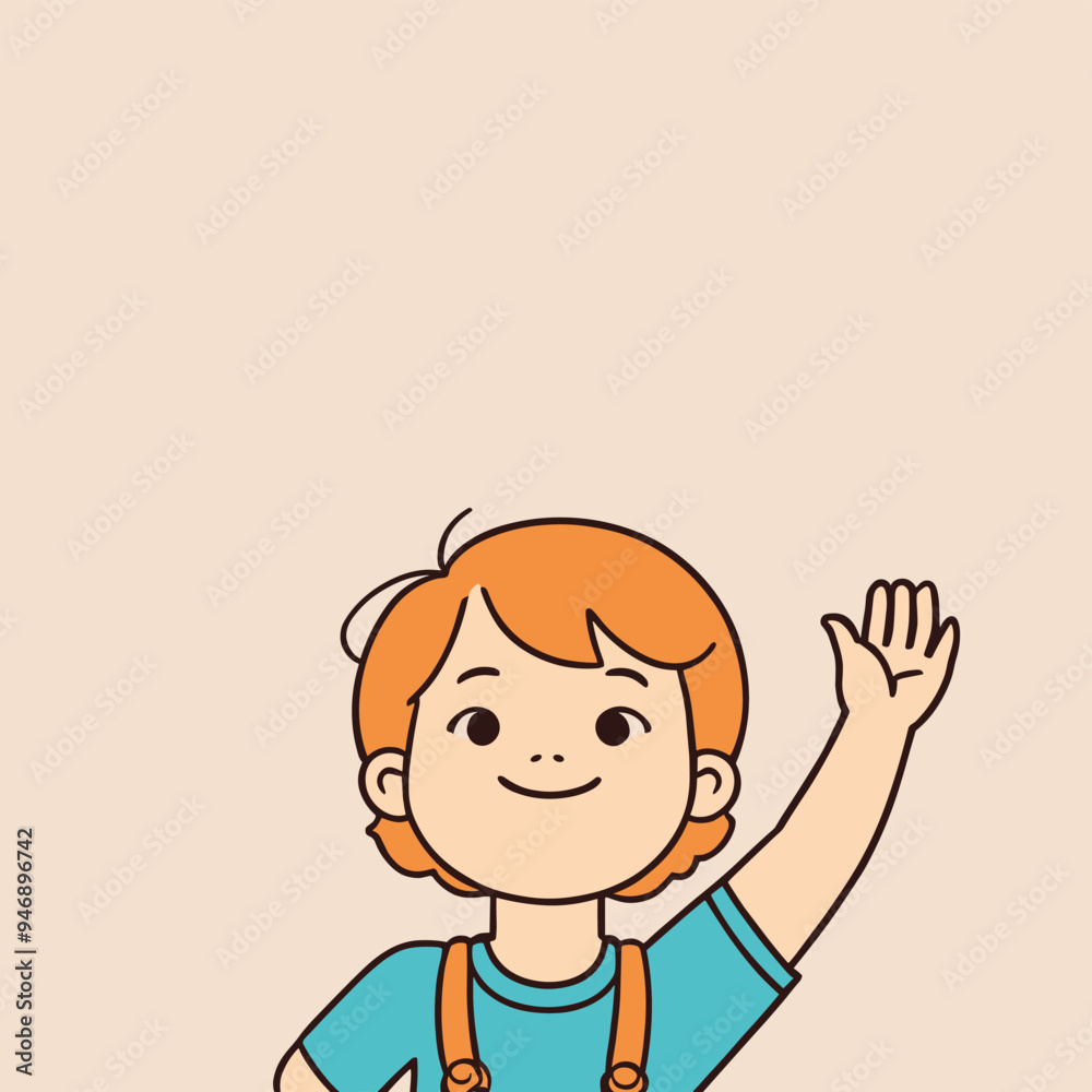 Cute red-haired child waving happily, dressed in a blue shirt with suspenders against a plain beige background.