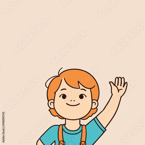 Cute red-haired child waving happily, dressed in a blue shirt with suspenders against a plain beige background.