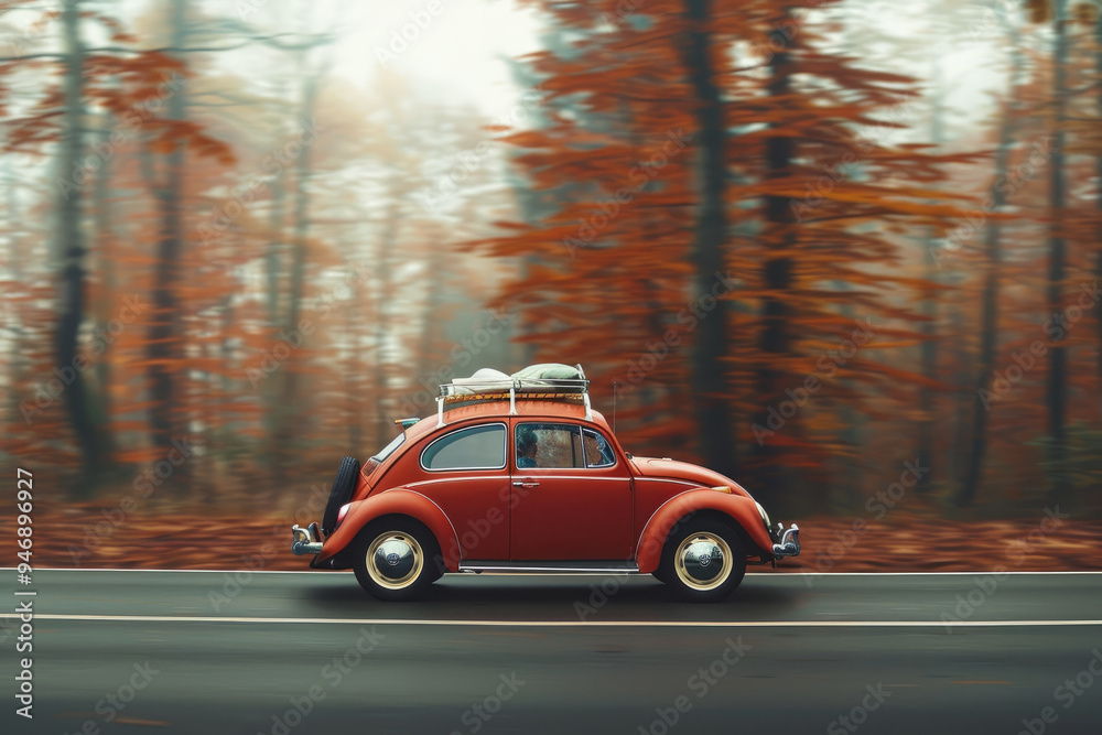 Fototapeta premium A classic red car driving through a misty autumn forest with vibrant orange leaves, evoking a nostalgic and serene travel vibe. The car has luggage on the roof, indicating a road trip or journey.