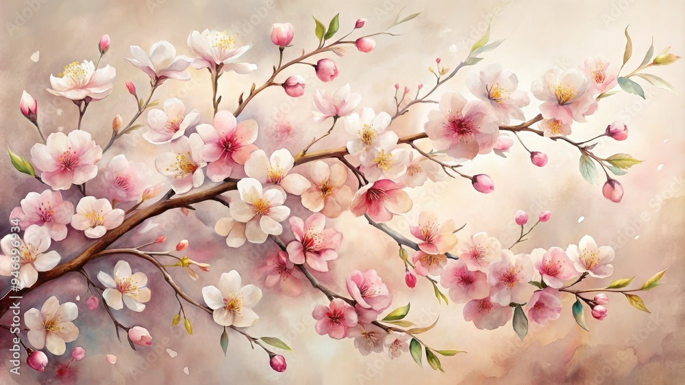 Obraz premium Delicate watercolor painting of blooming Japanese cherry blossom branches, set against a soft cream background, with gentle pink and white hues.
