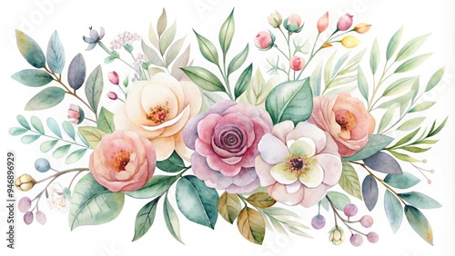 Delicate watercolor petals and leaves swirl together in a whimsical, dreamy floral design, featuring soft pastel hues and organic, hand-painted textures.