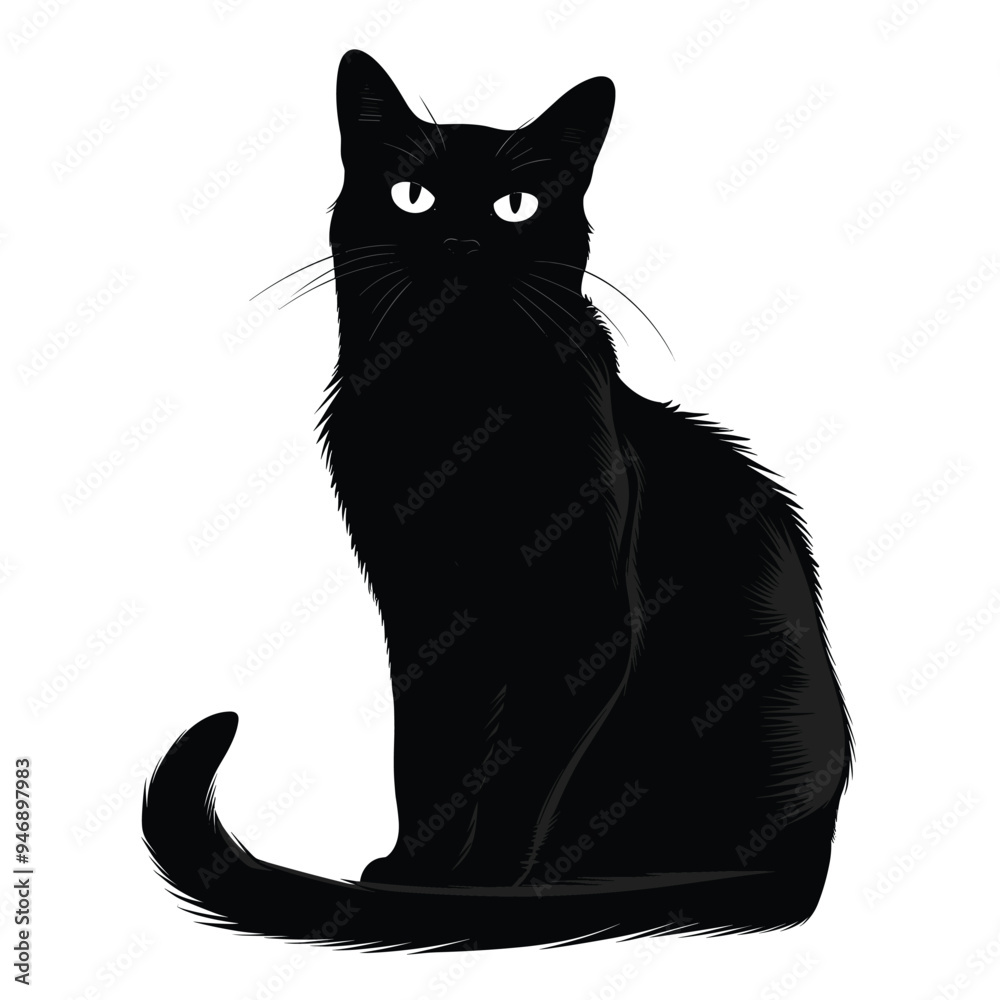 Fototapeta premium Illustration of a sleek, black cat with piercing eyes sitting gracefully on a white background.