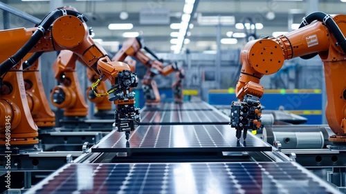 A group of robots are working on a solar panel. Scene is one of efficiency and teamwork as the robots work together to complete the task