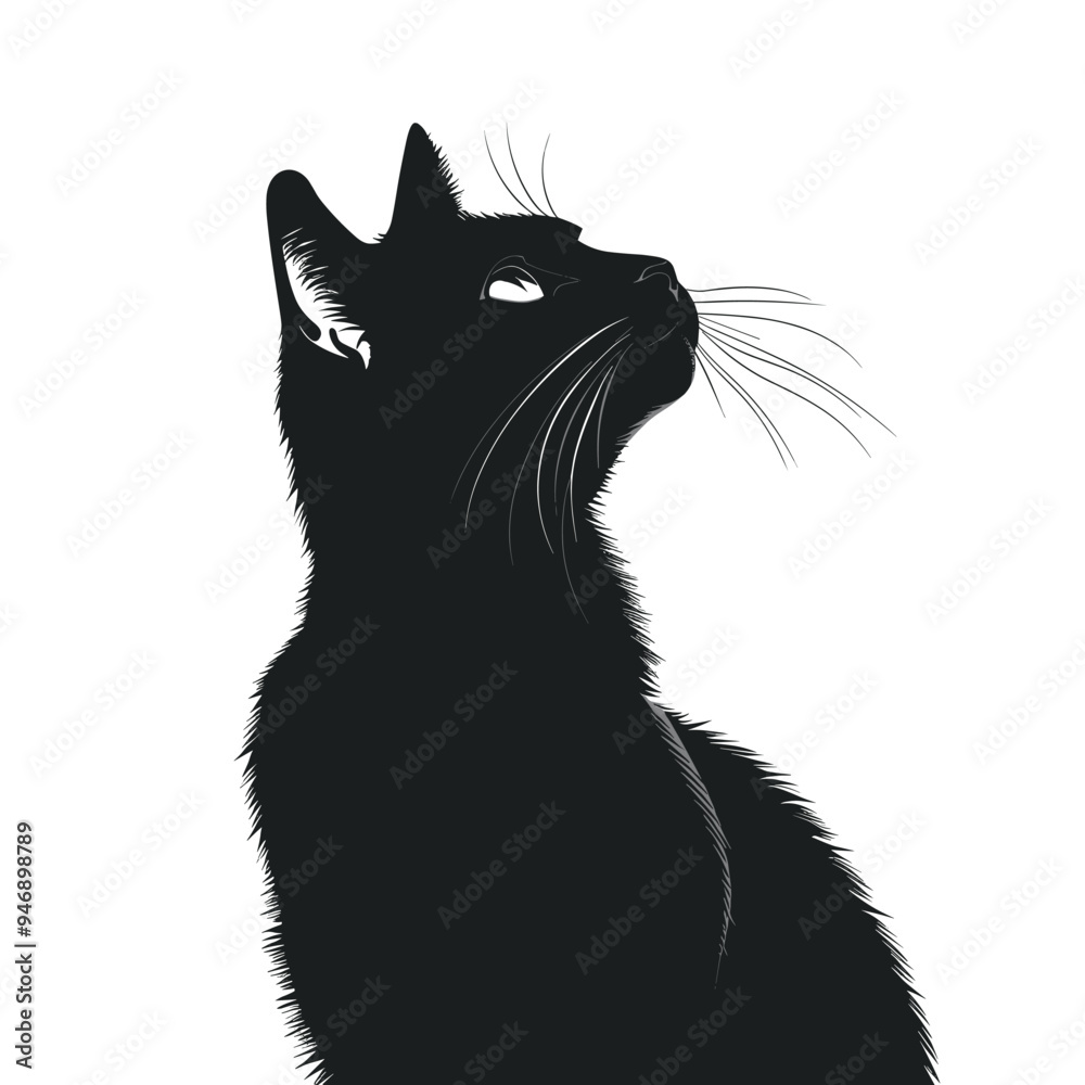 Black silhouette of a cat gazing upwards on a white background. Black silhouette of a cat gazing upwards on a white background.