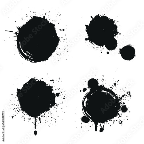 Four black ink splatters of varying shapes and sizes on a white background, conveying an abstract, artistic impression.