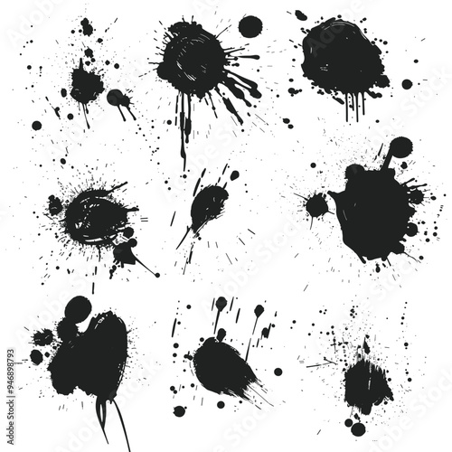 A collection of black ink splatters on a white background, creating an abstract pattern.