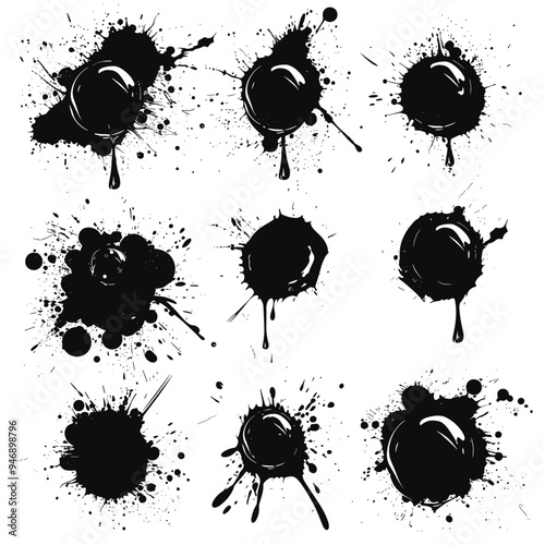 Nine unique black ink splatters on a white background, each with distinct patterns and shapes.