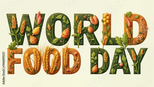 Bold World Food Day text with grain and plant elements