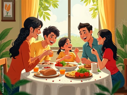 Cartoon-style family sharing a meal for World Food Day