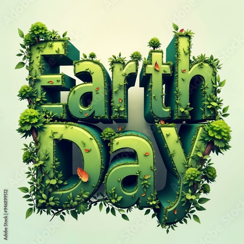 Earth Day text art with trees and leaves illustration