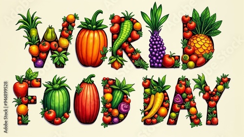 Hand-drawn World Food Day typography with fruits and vegetables