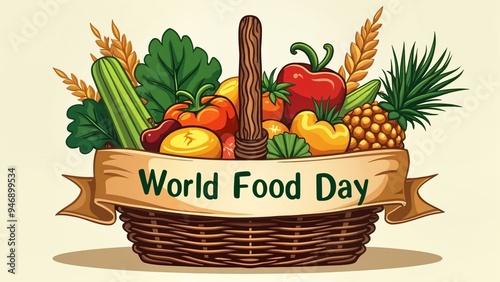 Illustration of a healthy food basket with World Food Day banner