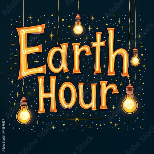 Earth Hour lettering with light bulbs and dark background