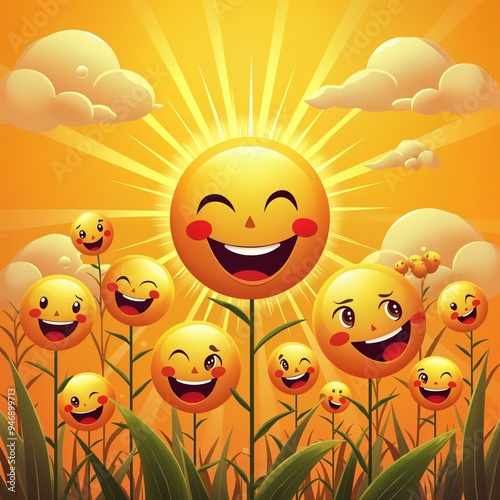 International Day of Happiness illustration with smiling faces and sunshine