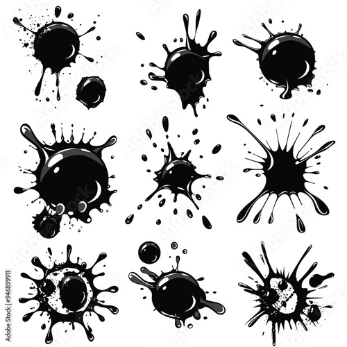 Black ink splatters on a white background showcasing diverse shapes and splat patterns.