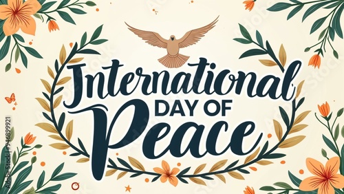 International Day of Peace calligraphy with doves and olive branches