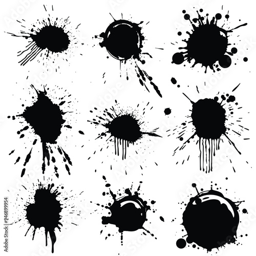 Collection of various black ink splatters on a white background.