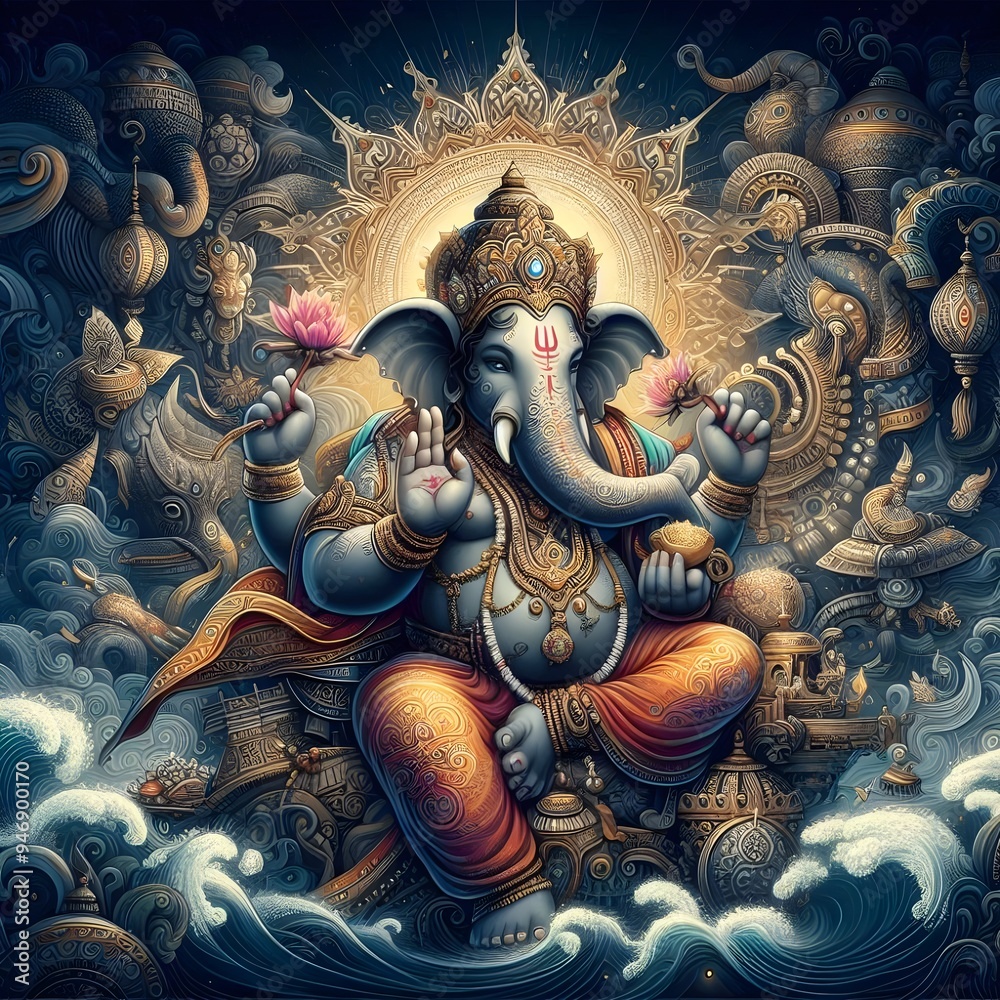 Fototapeta premium Lord Ganesha seated gracefully among lotus flowers in a serene, glowing landscape during celebration