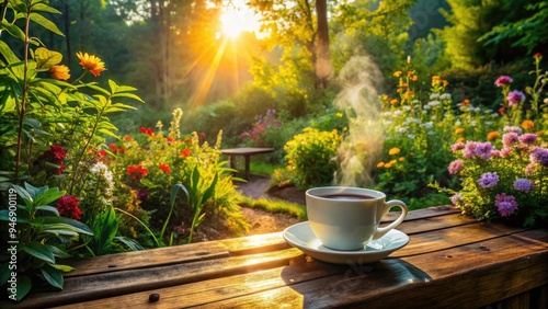 Early morning sunlight filters through trees as a steaming cup of coffee sits on a rustic wooden bench amidst lush greenery and vibrant flowers. photo