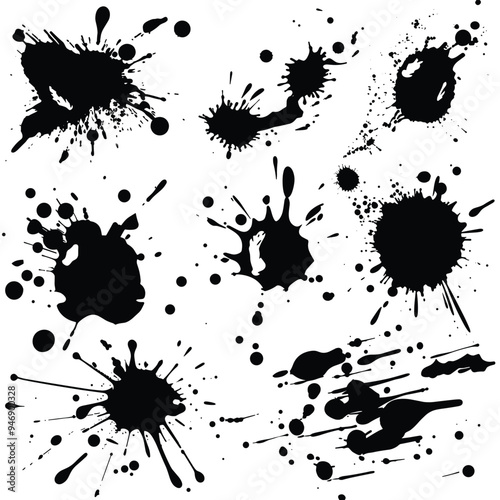 Abstract black ink splatters and blotches on a white background.
