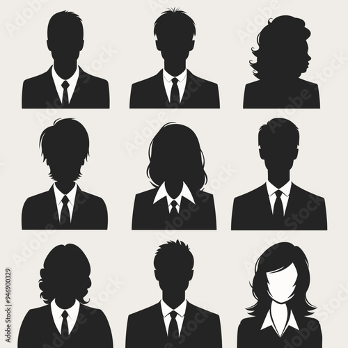 Silhouettes of nine professionals in varying hairstyles and attire against a light background.