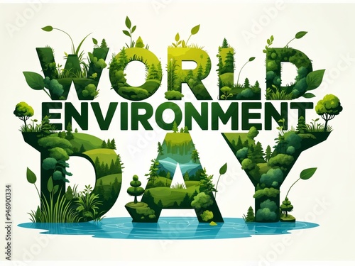World Environment Day bold text with trees and water elements