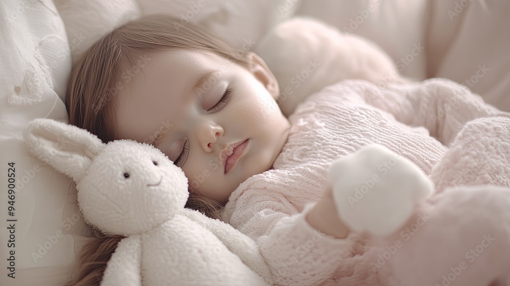 Serene Infant Slumber: A Cozy Nursery Room with Pastel Walls, Soft Toys, and the Innocent Repose of a Sleeping Baby, Ideal for Design and Text Overlays Serene Infant Slumber: A Cozy Nursery Room with Pastel Walls, Soft Toys, and the Innocent Repose of a Sleeping Baby, Ideal for Design and Text Overlays