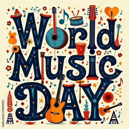 World Music Day typography with instruments and notes