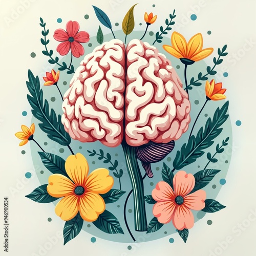 World Mental Health Day illustration with a brain and calming elements