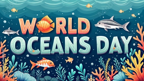 World Oceans Day bold text with marine life and waves