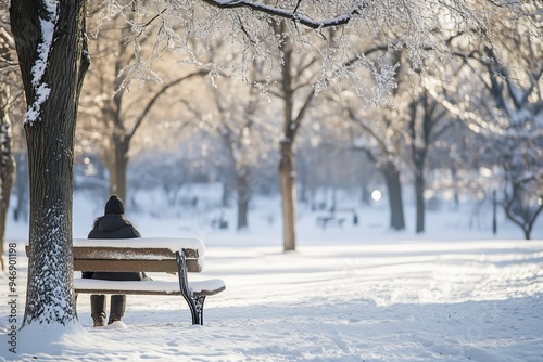 A person sits on a snow-covered bench in a serene park during winter, surrounded by frosty trees and morning sunlight