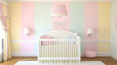 Serene Infant Slumber: A Cozy Nursery Room with Pastel Walls, Soft Toys, and the Innocent Repose of a Sleeping Baby, Ideal for Design and Text Overlays