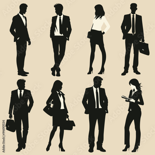 Silhouettes of business professionals in formal attire, exuding confidence and professionalism on a neutral background.