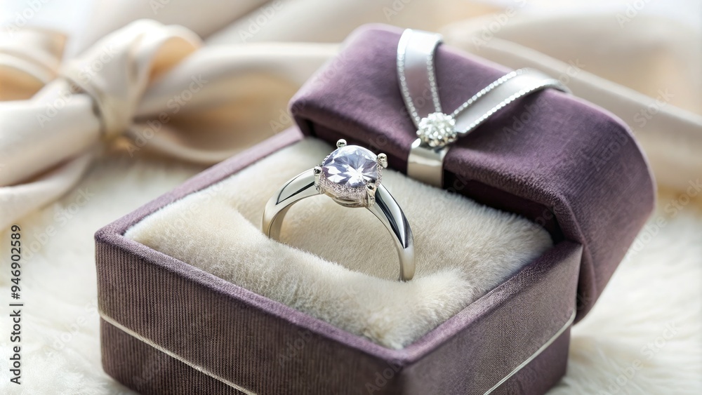 Elegant velvet ring box with a delicate satin ribbon, holding a sparkling diamond solitaire, set against a soft, creamy white background. Elegant velvet ring box with a delicate satin ribbon, holding a sparkling diamond solitaire, set against a soft, creamy white background.