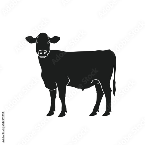 Silhouette of a standing cow with bold, clean lines on a white background.