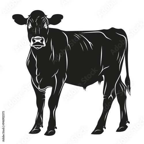 Black and white illustration of a cow standing on a white background, captured in a simplistic and artistic style.