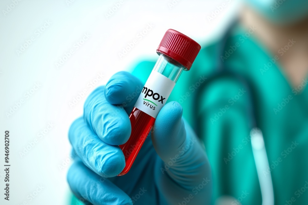 A test tube containing of the Mpox virus, held by a professional doctor wearing blue gloves and medical attire A test tube containing of the Mpox virus, held by a professional doctor wearing blue gloves and medical attire
