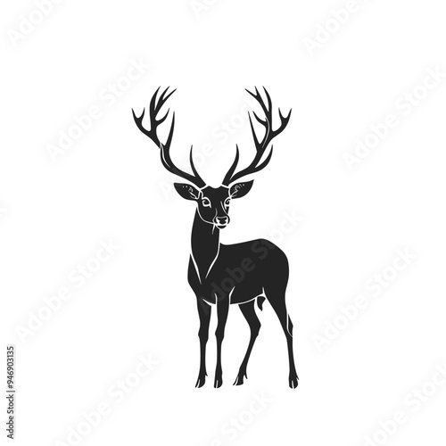 Silhouette of a majestic stag with towering antlers, standing gracefully against a white background.