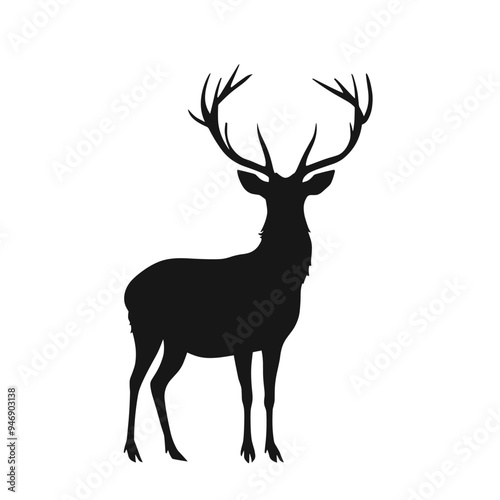 Silhouette of a majestic deer with large antlers standing gracefully on a white background.