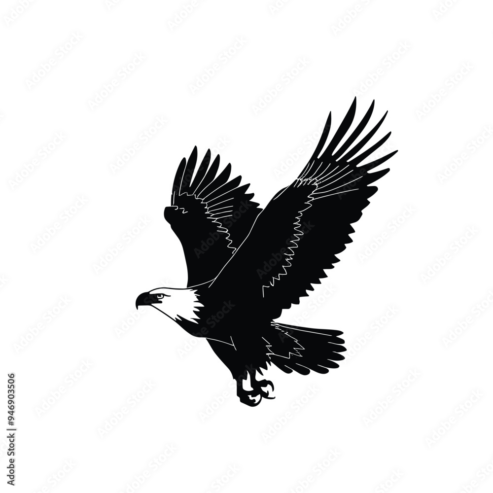 Fototapeta premium Black and white illustration of a majestic eagle in flight with wings spread wide.