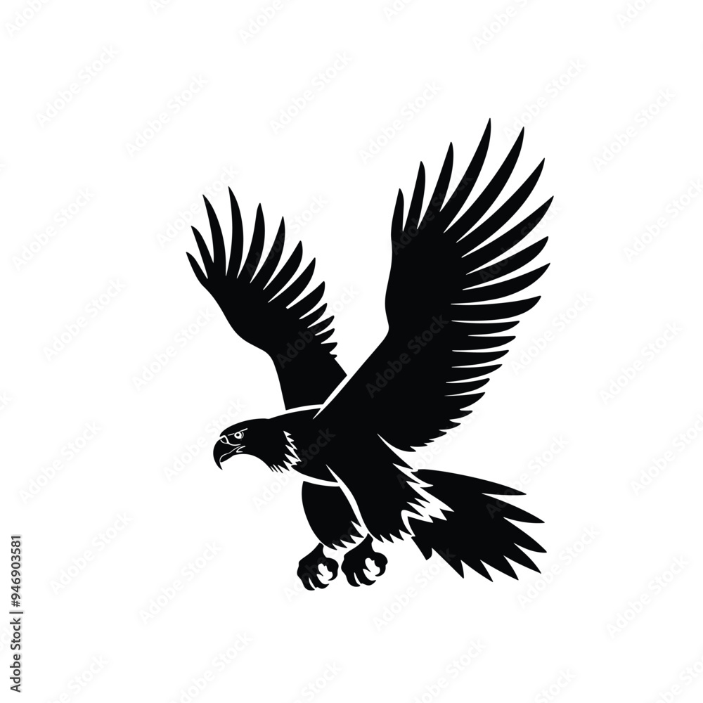 Obraz premium Black and white silhouette of an eagle mid-flight with wings spread wide.