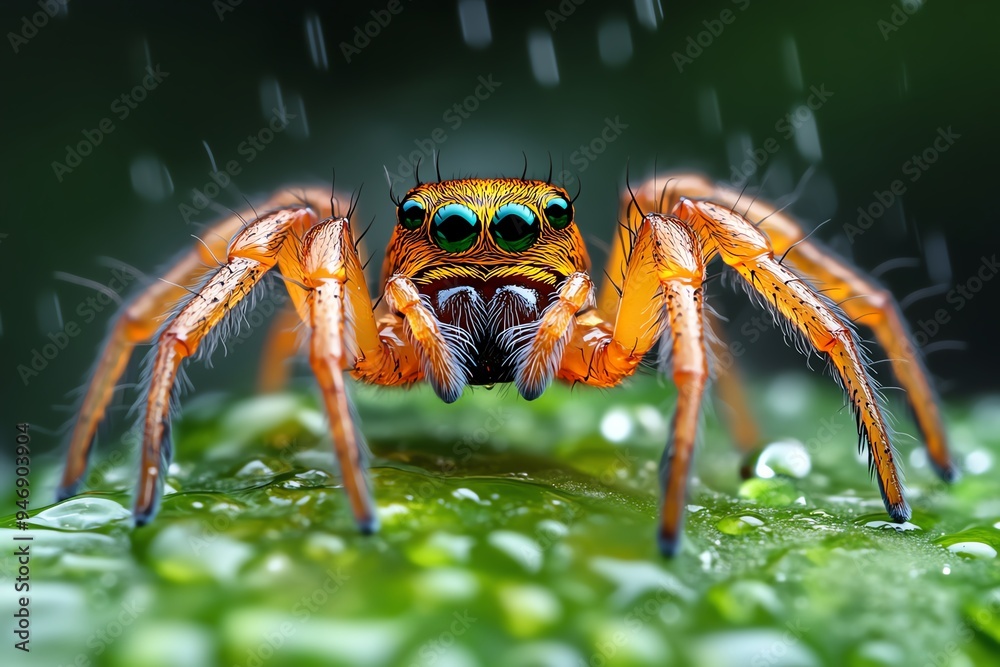 Spider in the rain, illustrated with the spider and its web glistening in the wet, adding a sense of freshness and renewal Spider in the rain, illustrated with the spider and its web glistening in the wet, adding a sense of freshness and renewal