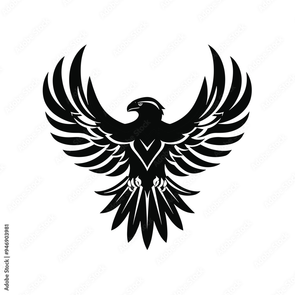 Obraz premium Stylized black eagle illustration with outstretched wings on a white background.