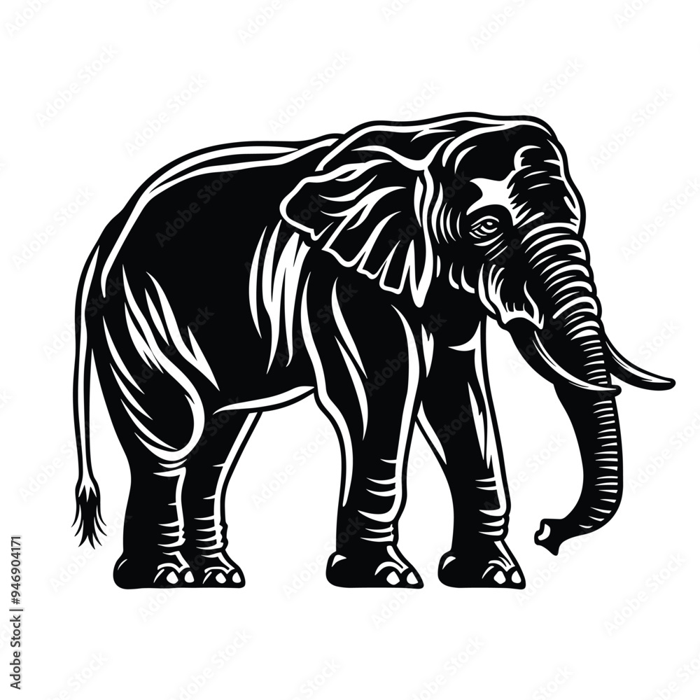 Fototapeta premium Black and white illustration of a majestic elephant standing proudly.