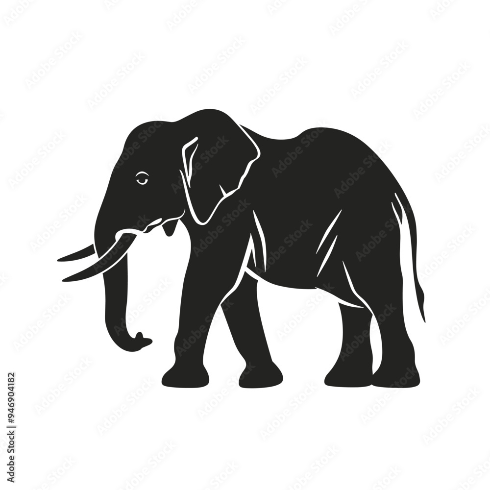 Fototapeta premium Silhouette of an African elephant walking on a white background.